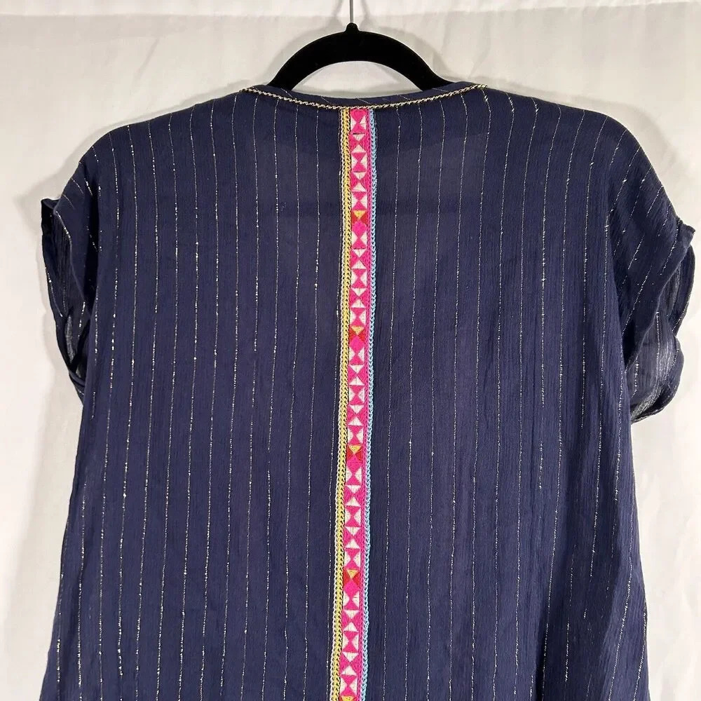 THML Top Women's XS Blue Striped Gold Vneck Lightwieght Rayon - Picture 9 of 10
